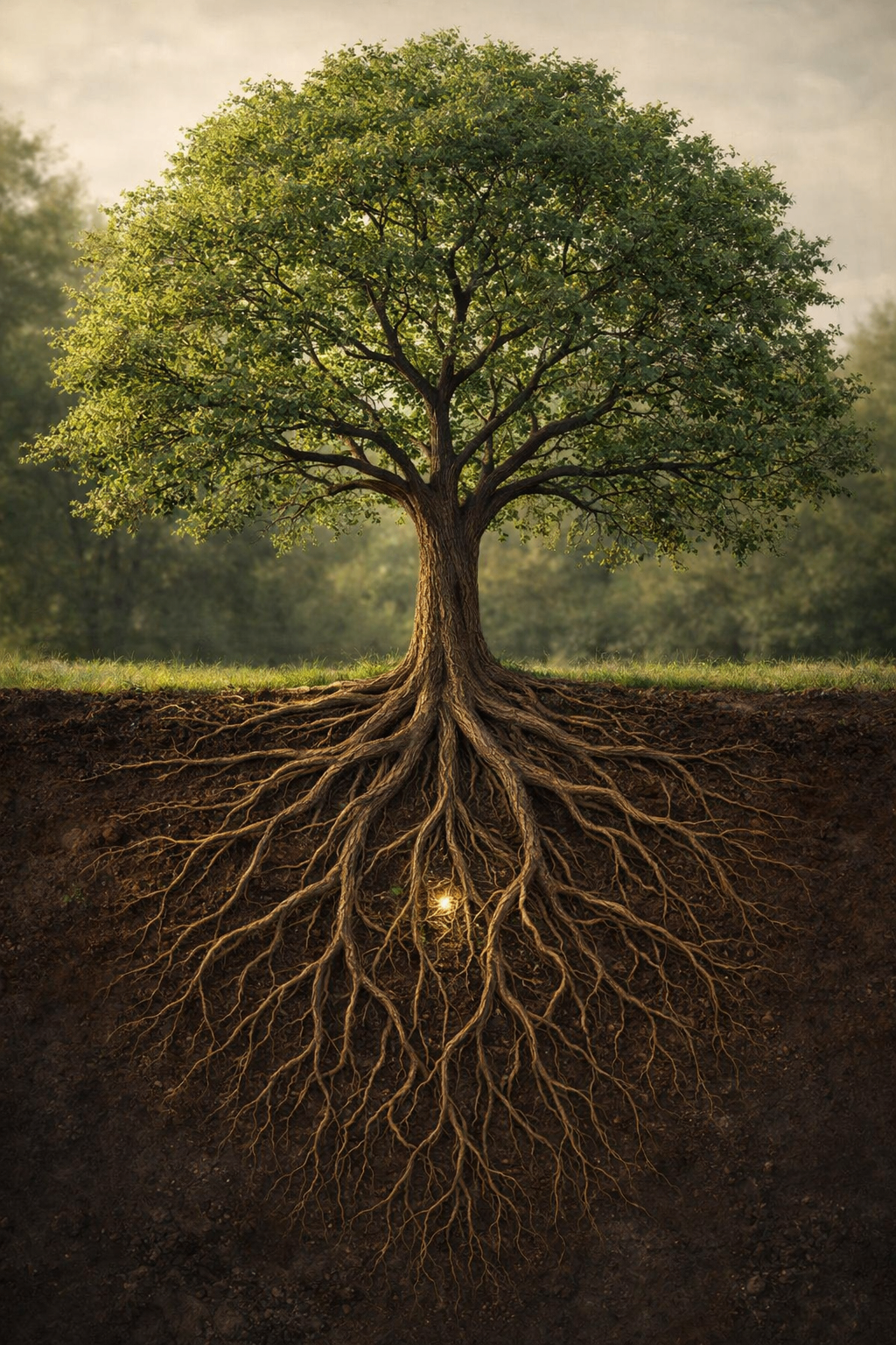 Árvore com raízes profundas e uma pequena luz na base, símbolo da raiz emocional da escassez e da transformação possível.